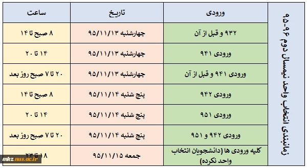 زمانبندی انتخاب واحد نیمسال دوم 96-95 2