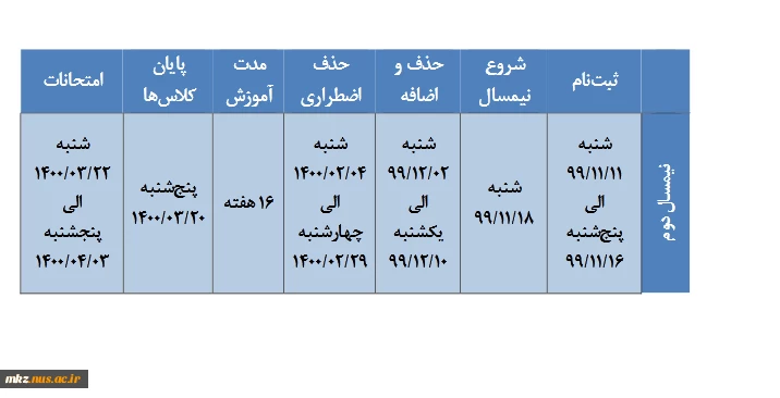 تقویم آموزشی نیمسال دوم 1400-1399