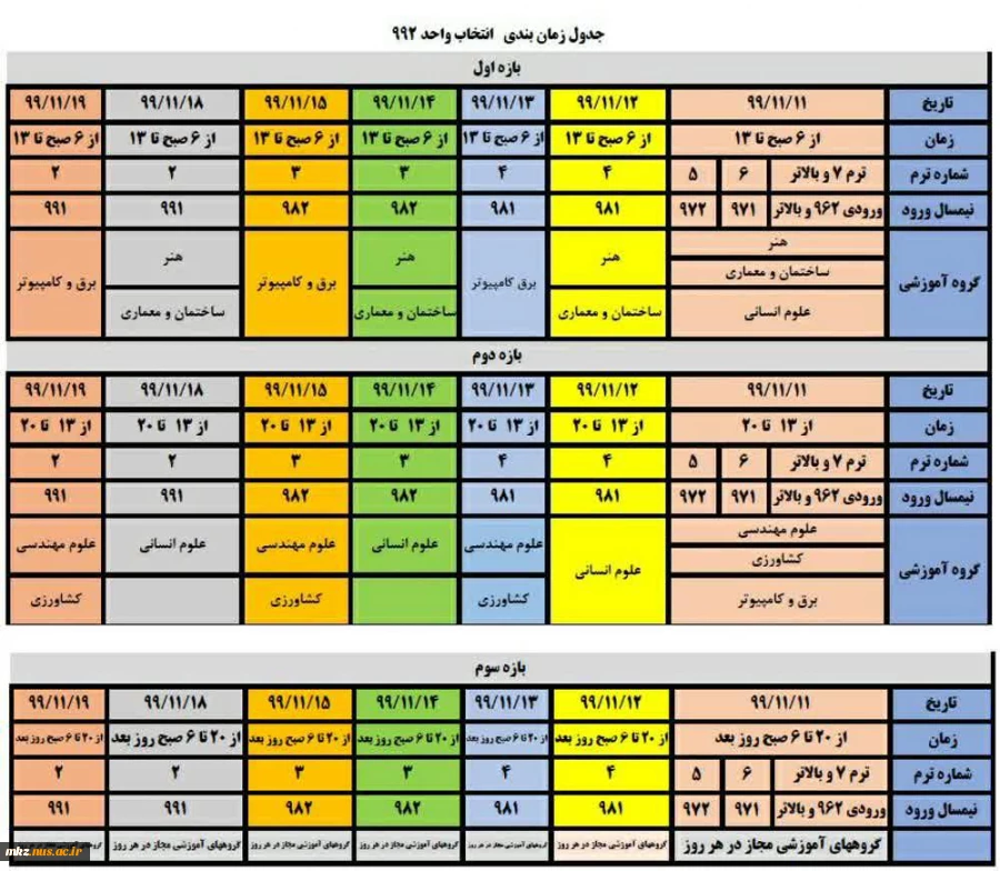 جدول زمانبندی انتخاب واحد نیمسال دوم  (۹۹۲) 2